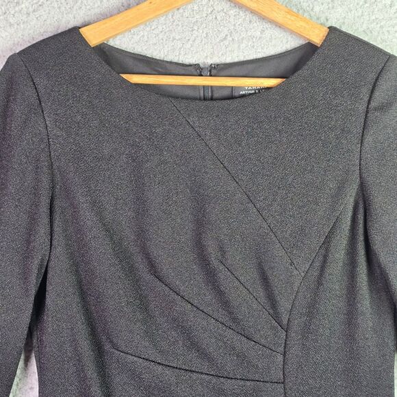 Tahari Black Ruched Side Pleat Feather Cuff Shift Dress 6 Cocktail Statement - Picture 7 of 13